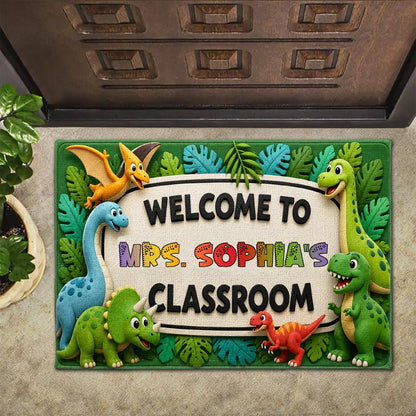 Custom Dinosaur Classroom Doormat for Teacher with personalized design details for meaningful gifting