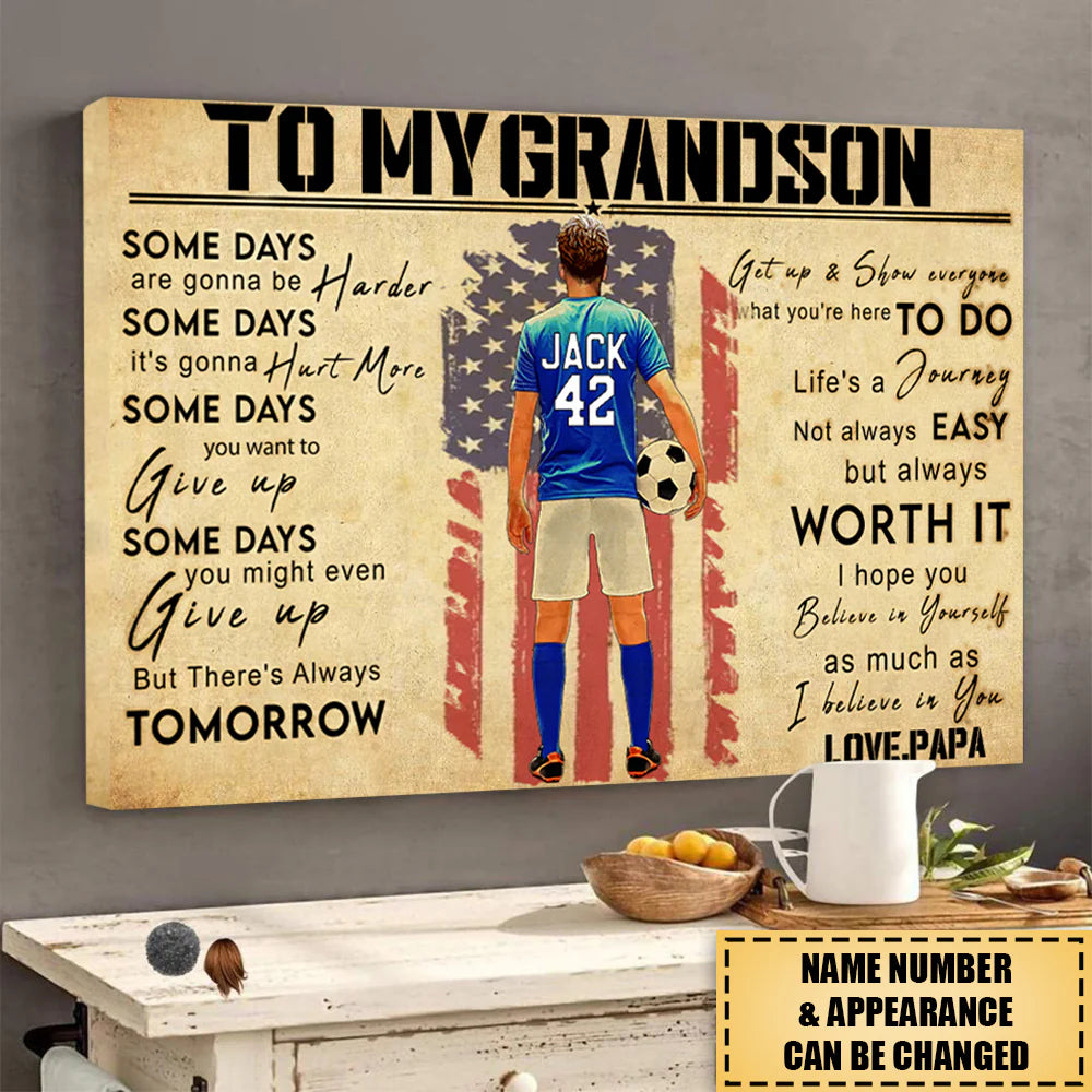 Personalized soccer poster for grandson featuring a player looking at the US flag with custom name Jack and number 42