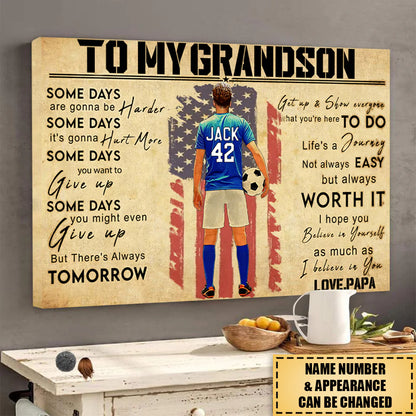 Personalized soccer poster for grandson featuring a player looking at the US flag with custom name Jack and number 42
