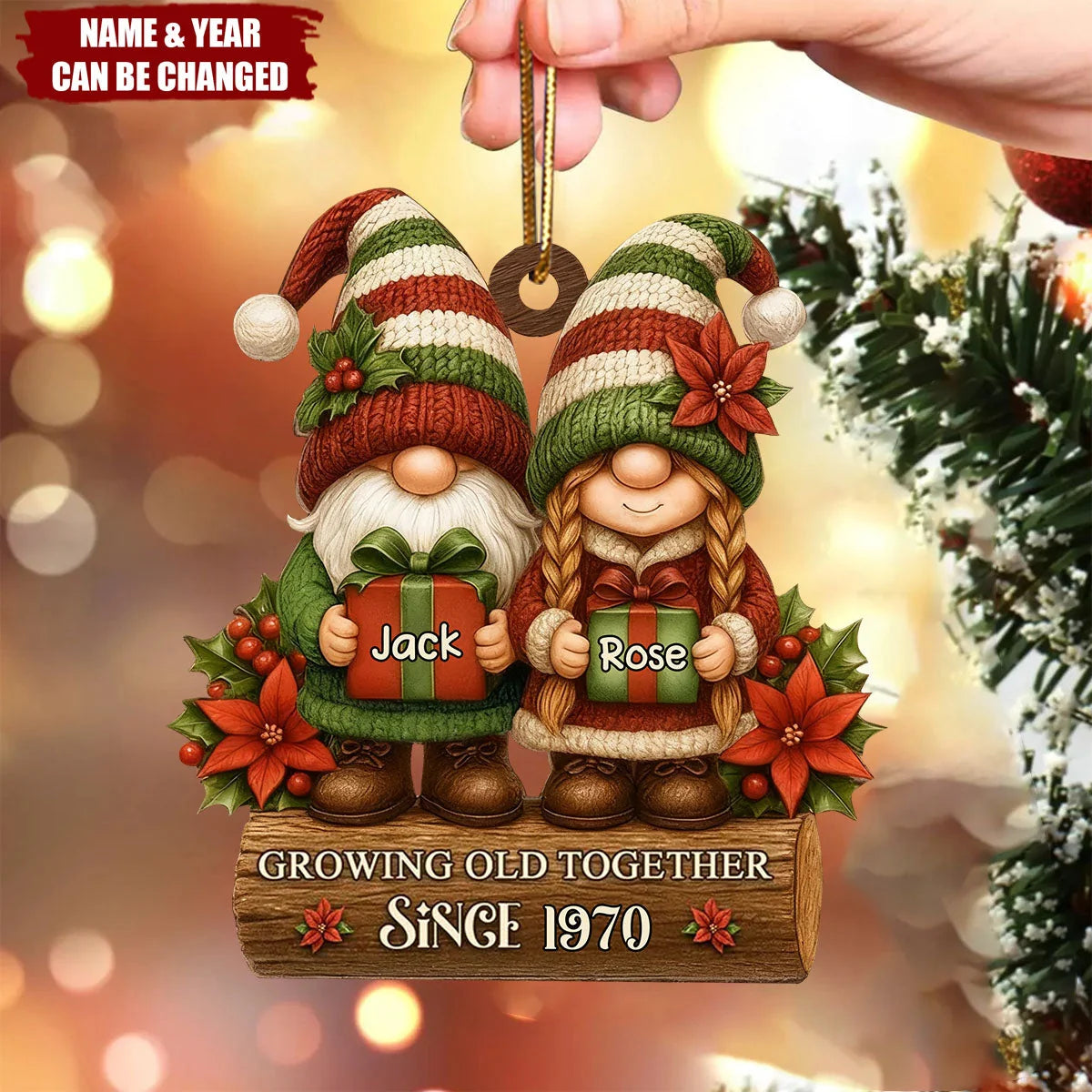 "Growing Old Together" Personalized Gnome Wooden Ornament - Custom Couple Keepsake Christmas Gift