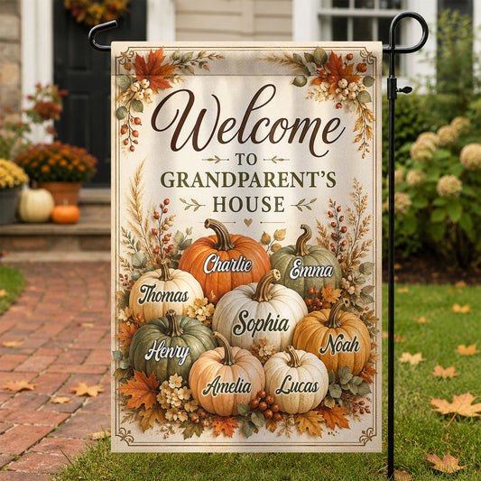 Welcome to Grandparent's House - Personalized Fall Garden Flag for Grandma and Grandpa