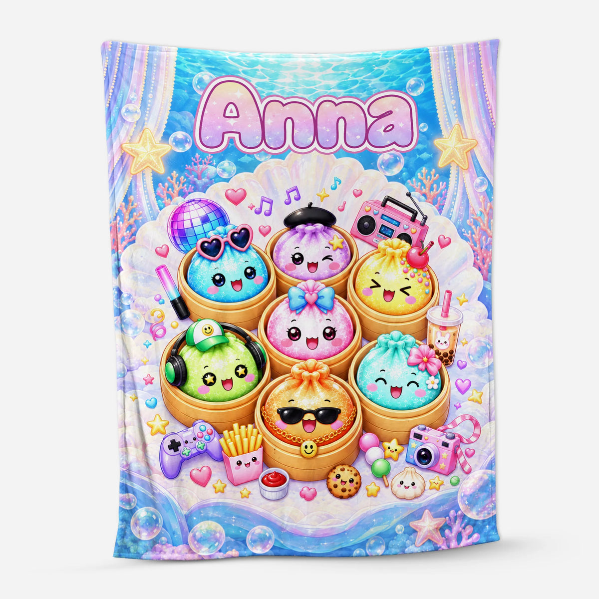 Cute Kawaii Dumpling Custom Name Blanket - Personalized Soft Kids Blanket, Birthday Gift for Boys & Girls