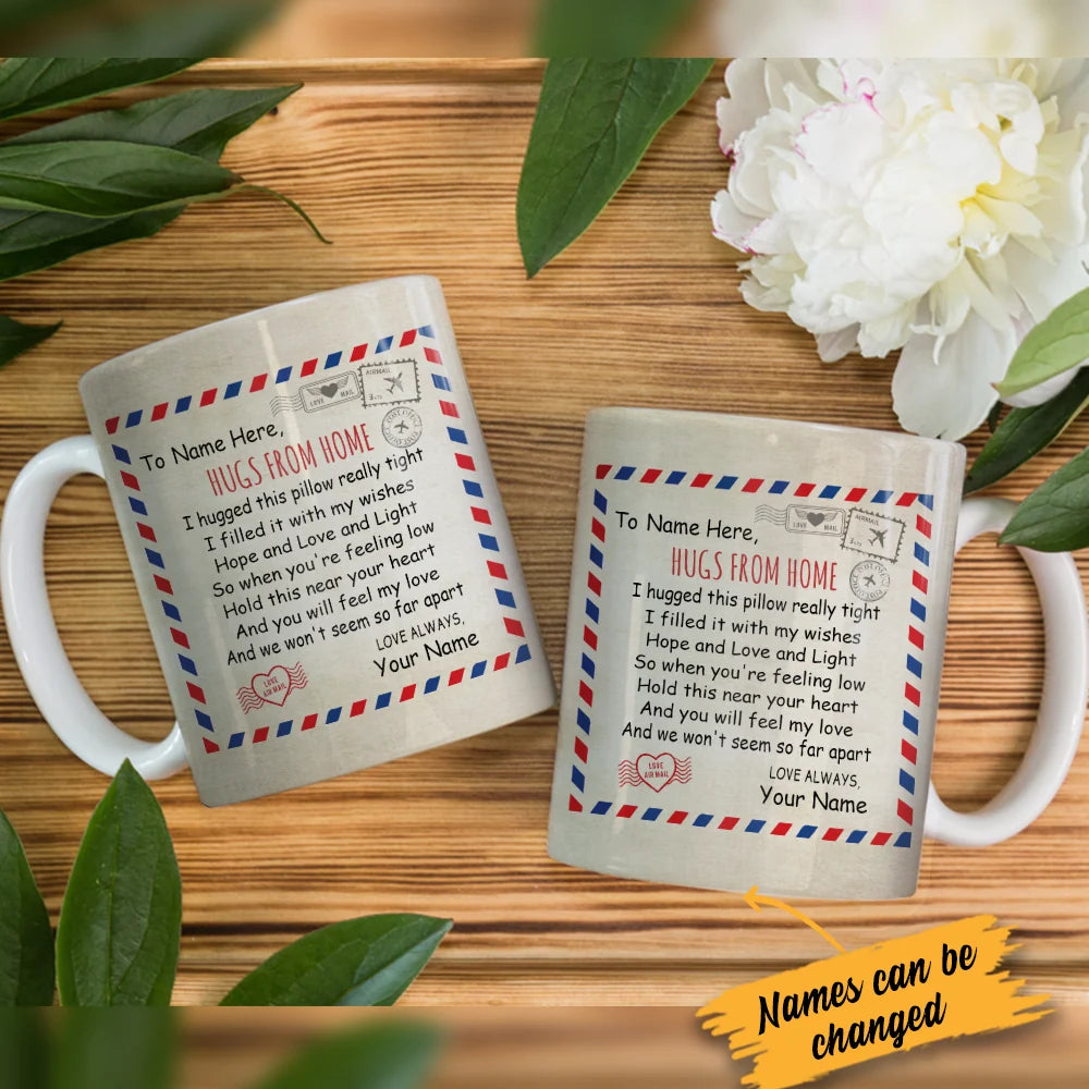 Personalized long distance hugs from home mug featuring airmail envelope design and custom names