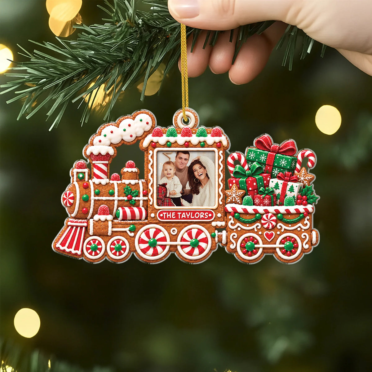 Custom Photo Gingerbread Christmas Train Acrylic Ornament - Personalized Gift for Family