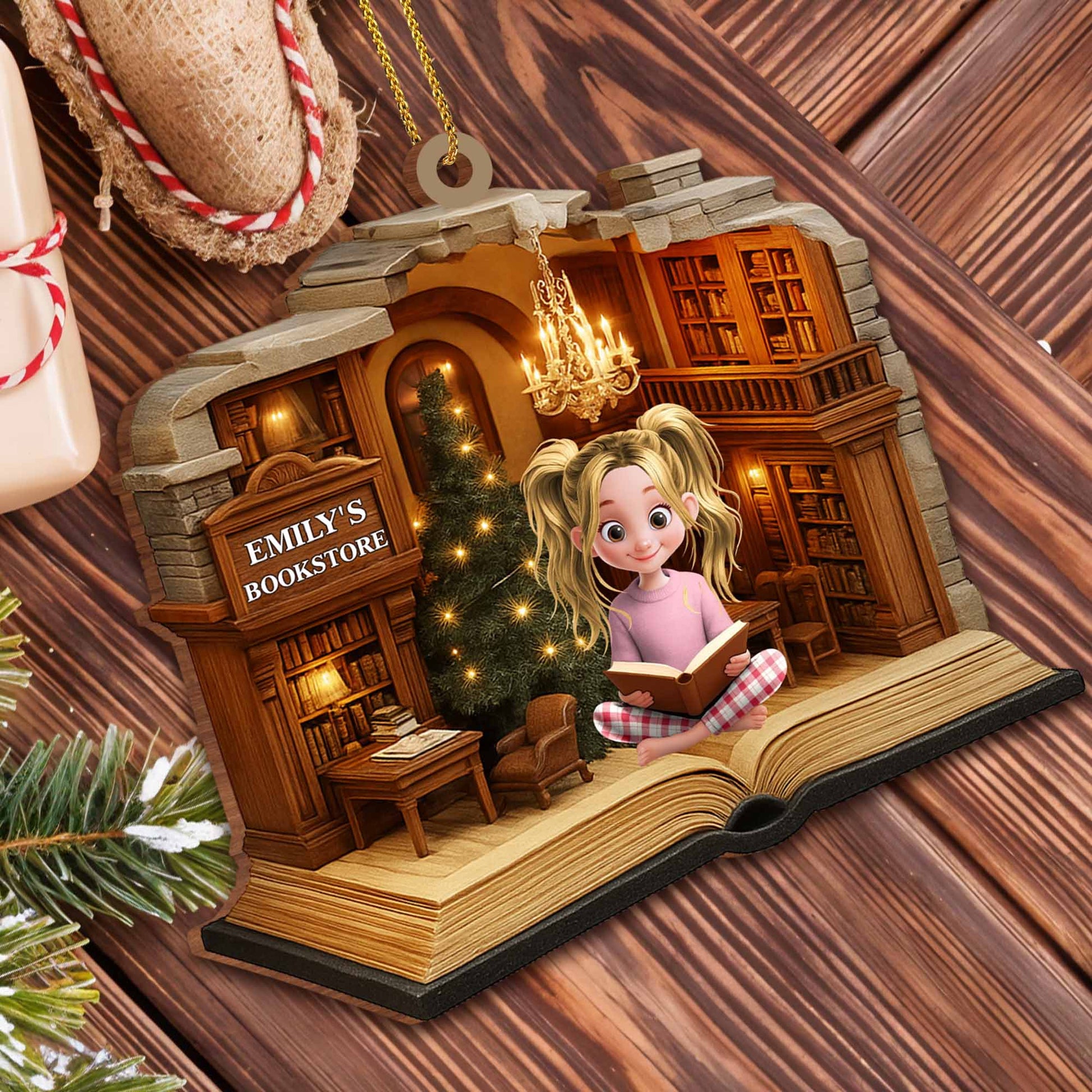 Personalized Library Scene Custom Wood Ornament for Best Friends