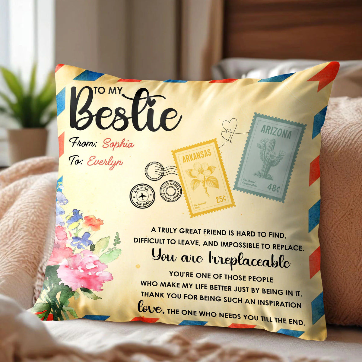 To My Bestie You Are Irreplaceable Personalized Pillow - Custom Long Distance Gift for BFF