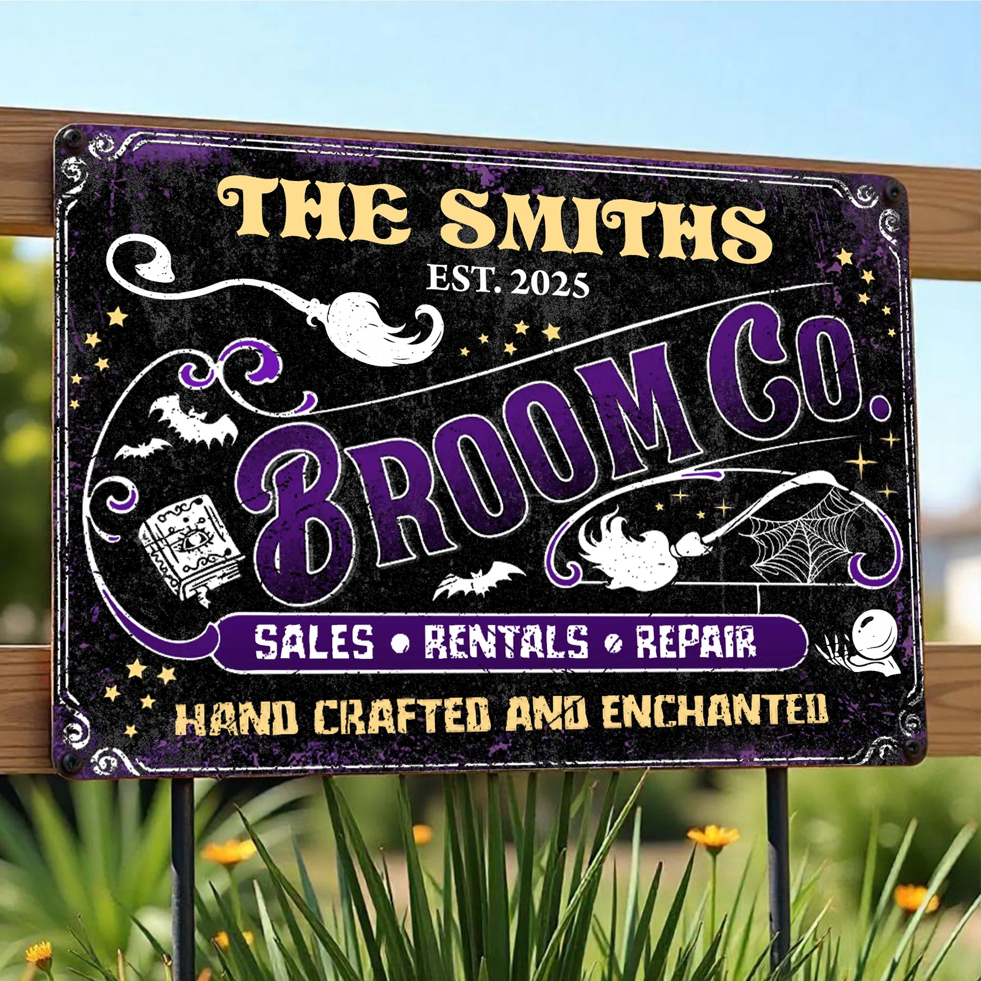 Broom Co. Hand Crafted & Enchanted Personalized Metal Sign - Custom Vintage Halloween Decor for Family