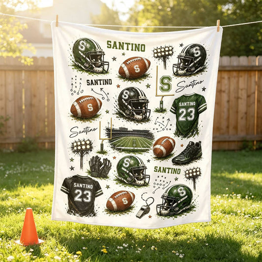 Personalized american football blanket featuring custom name Santino and jersey number 23 with green helmets