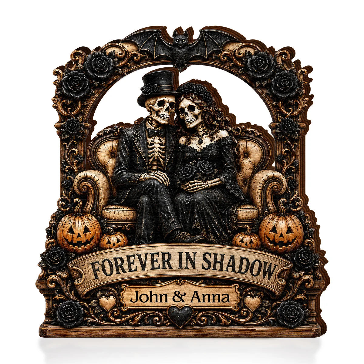 "Forever In Shadow" Personalized Skeleton Couple Wooden Block - Custom Gothic Halloween & Wedding Keepsake Gift for Couples