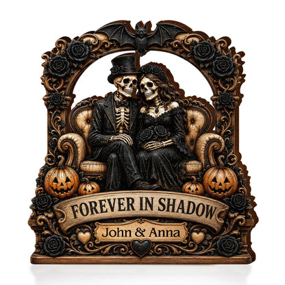 "Forever In Shadow" Personalized Skeleton Couple Wooden Block - Custom Gothic Halloween & Wedding Keepsake Gift for Couples