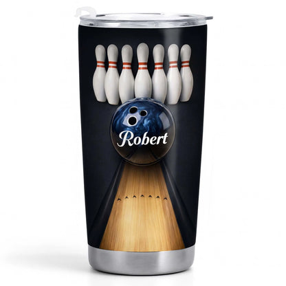 Personalized bowling tumbler with a custom name printed on a blue bowling ball with bowling pins and lane image 10