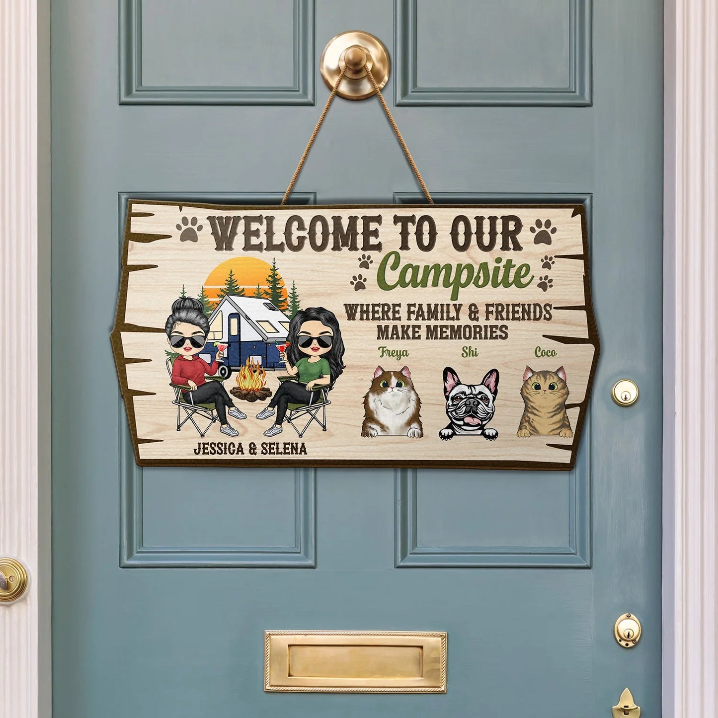 Welcome To Our Campsite Protected By Pets - Personalized Wood Sign for Camping Couples & Pet Lovers