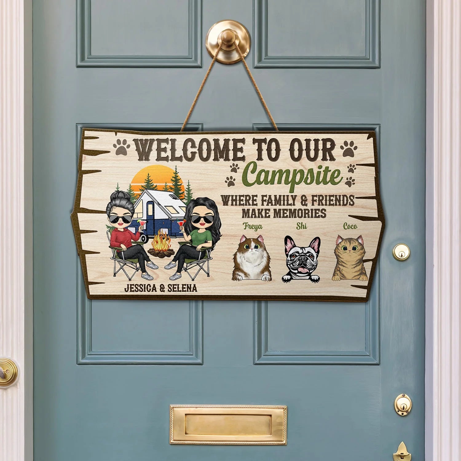 Welcome To Our Campsite Protected By Pets - Personalized Wood Sign for Camping Couples & Pet Lovers