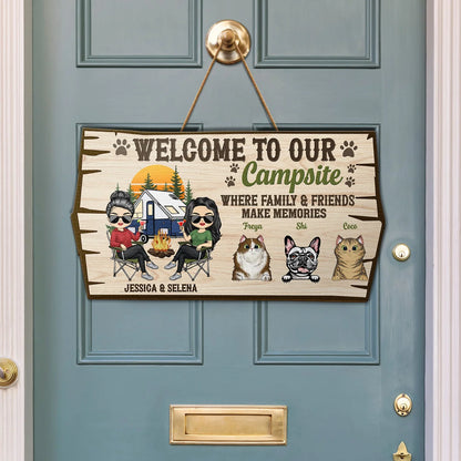 Welcome To Our Campsite Protected By Pets - Personalized Wood Sign for Camping Couples & Pet Lovers