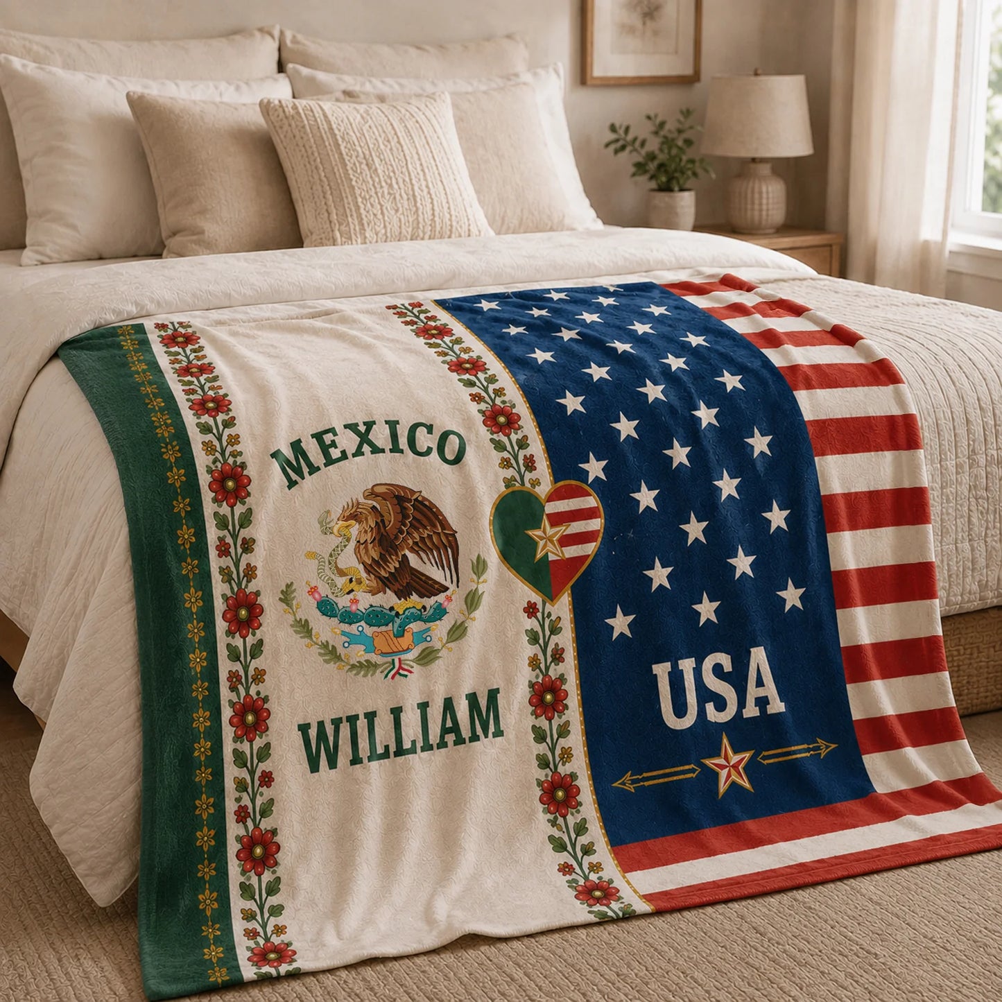 Personalized Mexican American Flag Blanket - Custom Patriotic Gift for Family
