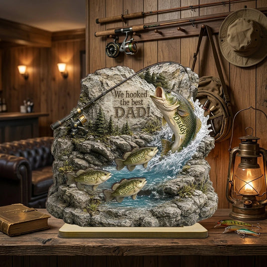 Personalized fishing plaque gift for dad featuring custom name bass fish and we hooked the best dad quote