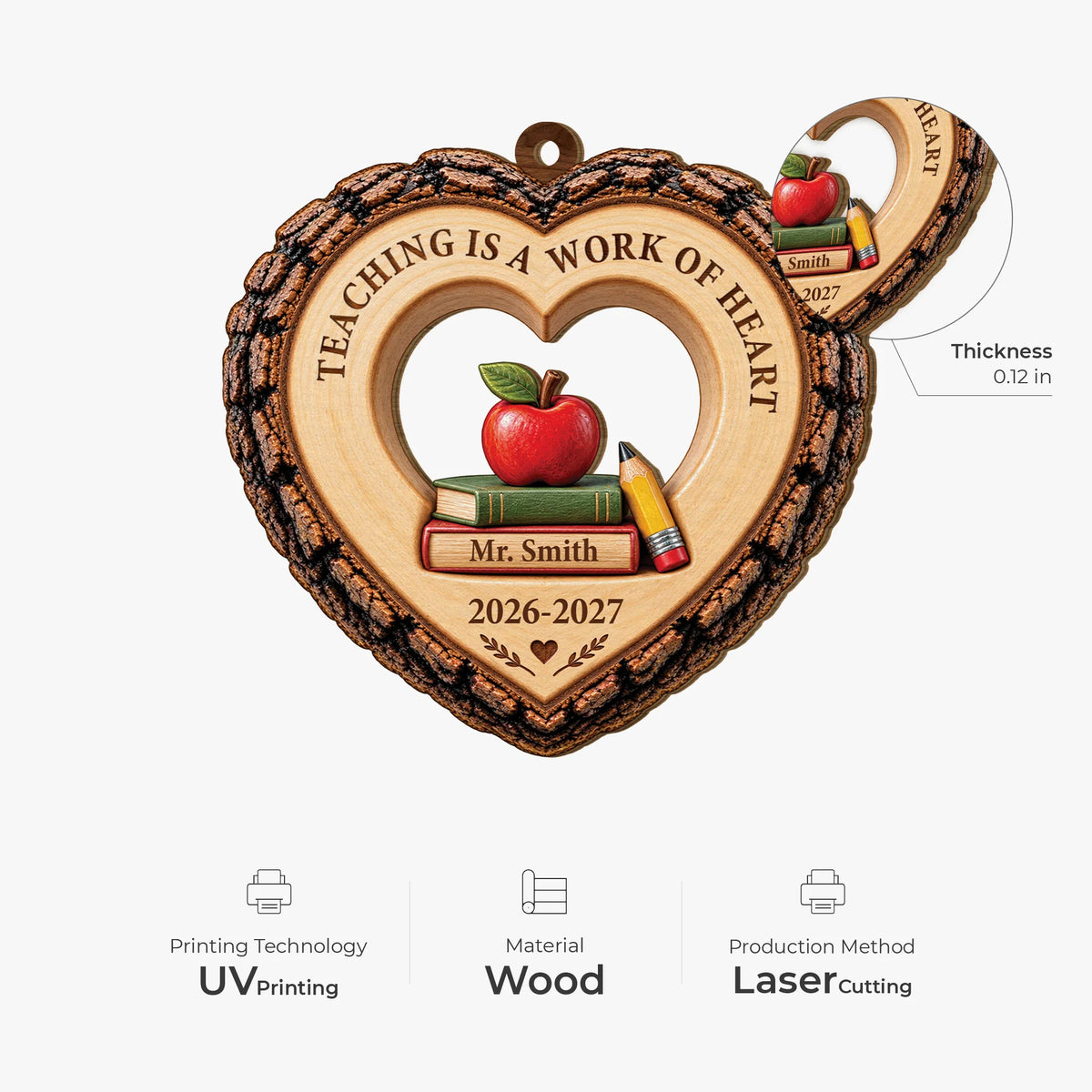 Teaching Is a Work of Heart Personalized Wood Ornament - Teacher Christmas Keepsake