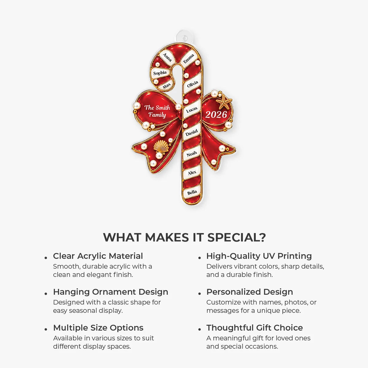 Personalized Candy Cane Christmas Acrylic Ornament - Custom Family Names Holiday Gift