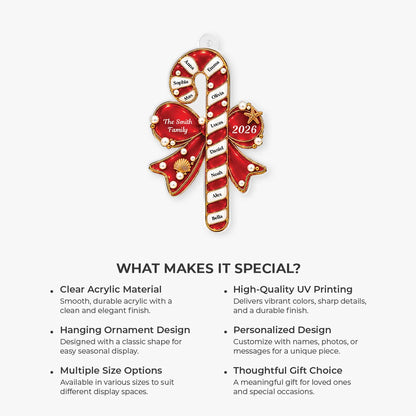 Personalized Candy Cane Christmas Acrylic Ornament - Custom Family Names Holiday Gift