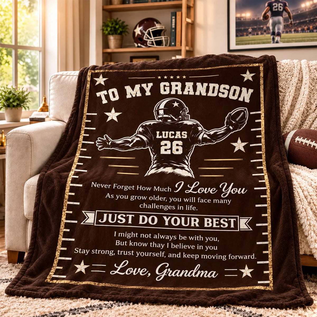 Just Do Your Best Personalized Football Blanket - Grandson Son Sports Keepsake Gift