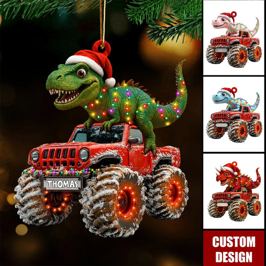 Personalized Dinosaur Monster Truck Wooden Christmas Ornament - Custom Name Keepsake Gift for Kids
