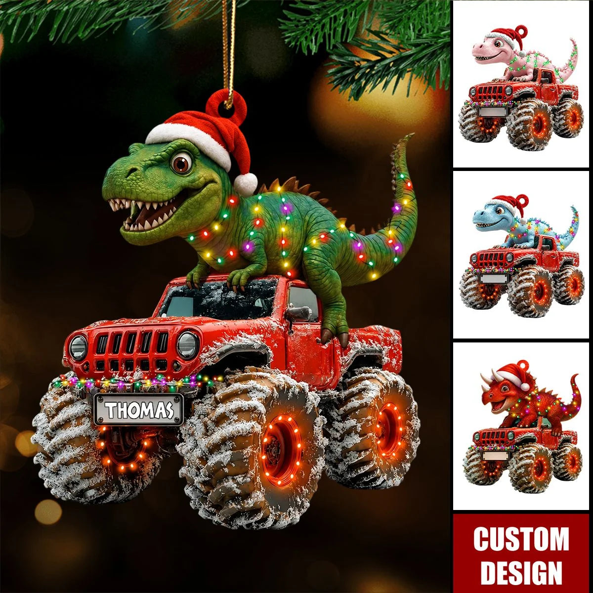 Personalized Dinosaur Monster Truck Wooden Christmas Ornament - Custom Name Keepsake Gift for Kids