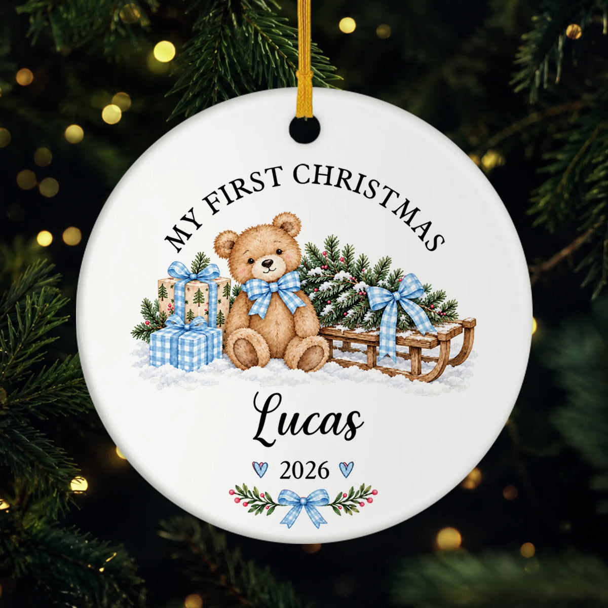 My First Christmas Personalized Ceramic Ornament for Newborn Baby - Custom Teddy Bear Holiday Keepsake Gift