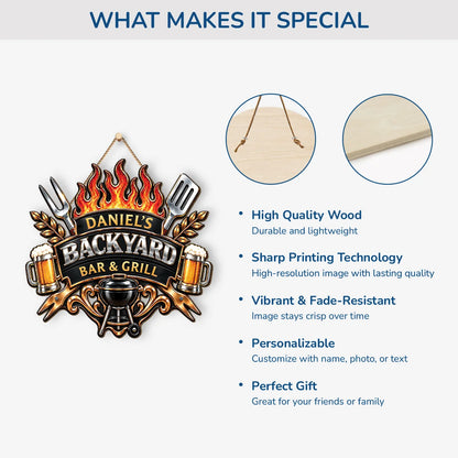 Backyard Bar and Grill Personalized Wood Sign - Custom BBQ Gifts for Him