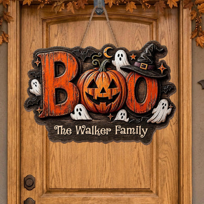 BOO Our Family Spooky Pumpkin and Ghost Personalized Wood Sign - Custom Halloween Home Decor