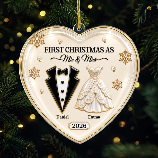 First Christmas as Mr & Mrs Personalized Heart Acrylic Ornament - Custom Newlywed Couple Gift