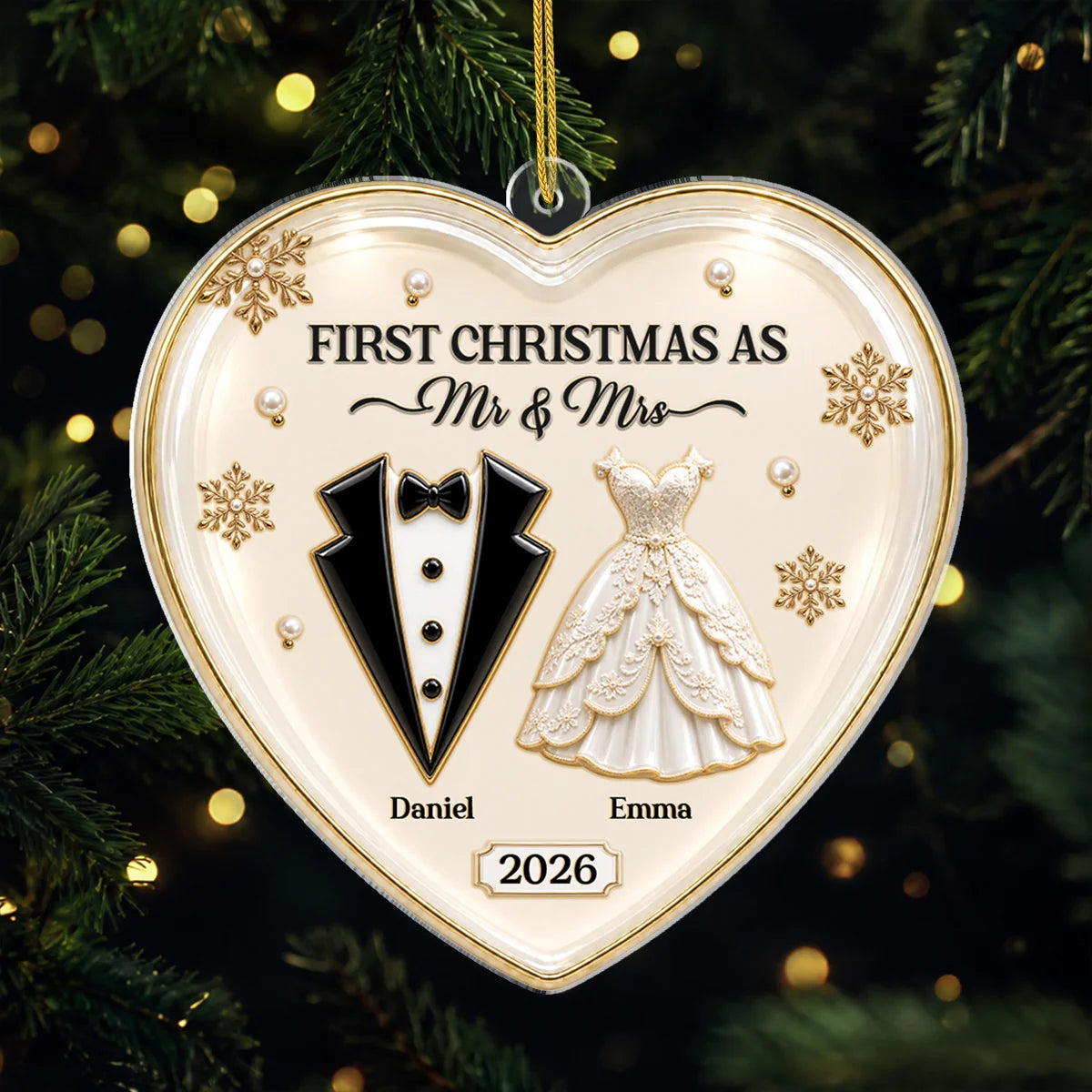 First Christmas as Mr & Mrs Personalized Heart Acrylic Ornament - Custom Newlywed Couple Gift