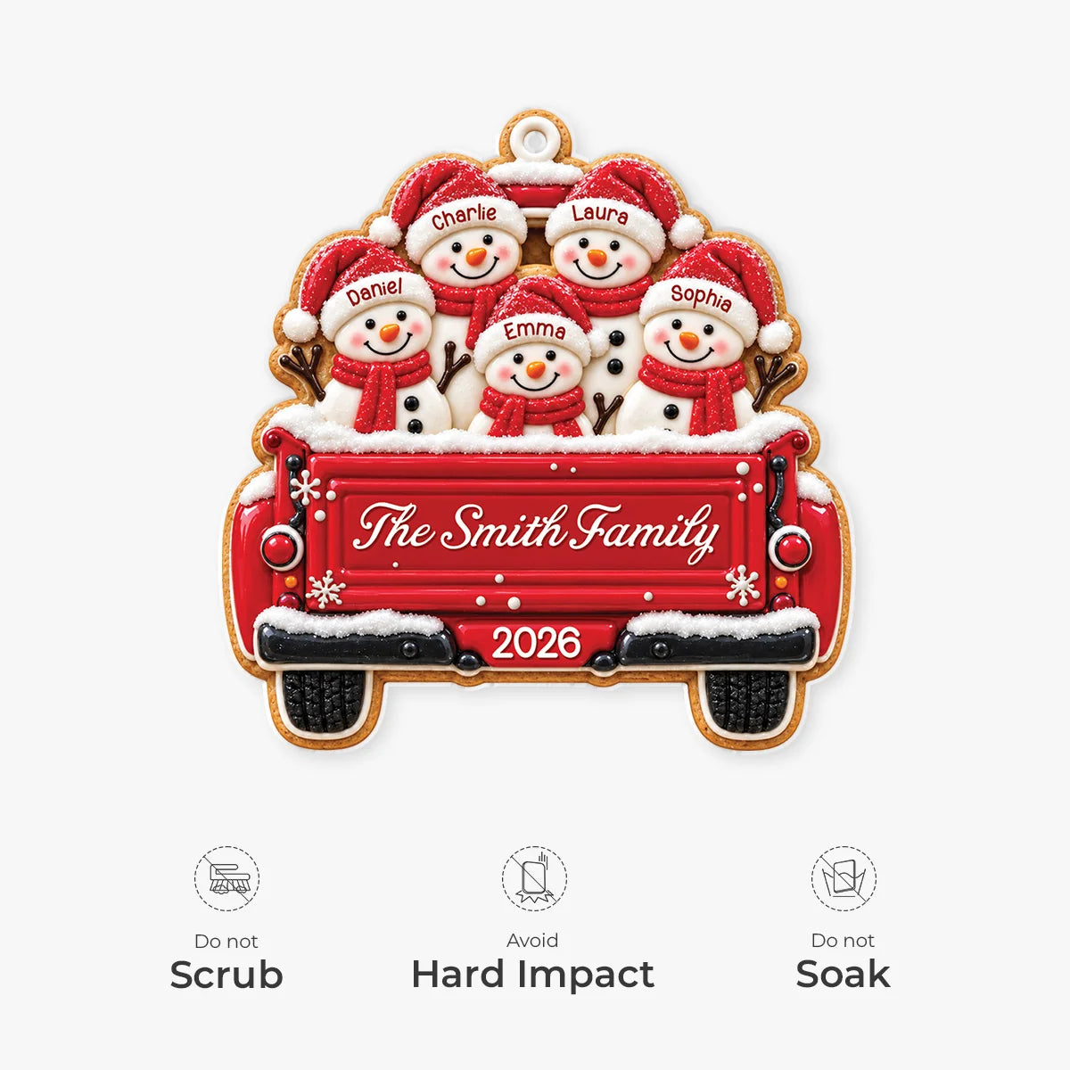 Snowman Family Red Truck Personalized Acrylic Ornament - Christmas Keepsake Gift