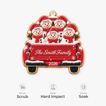 Snowman Family Red Truck Personalized Acrylic Ornament - Christmas Keepsake Gift