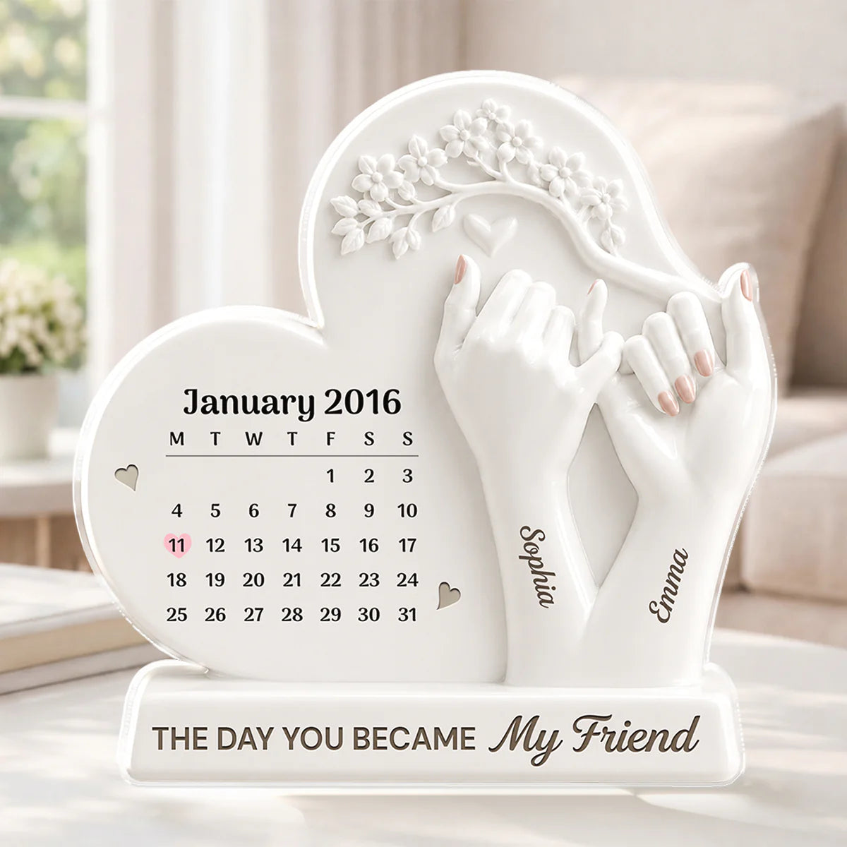 Personalized best friend acrylic plaque featuring a custom calendar date and pinky swear illustration for friendship