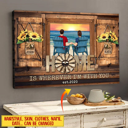 "Home Is Wherever I'm With You" Personalized Couple Canvas / Poster - Romantic Beach Sunset Wall Art Gift