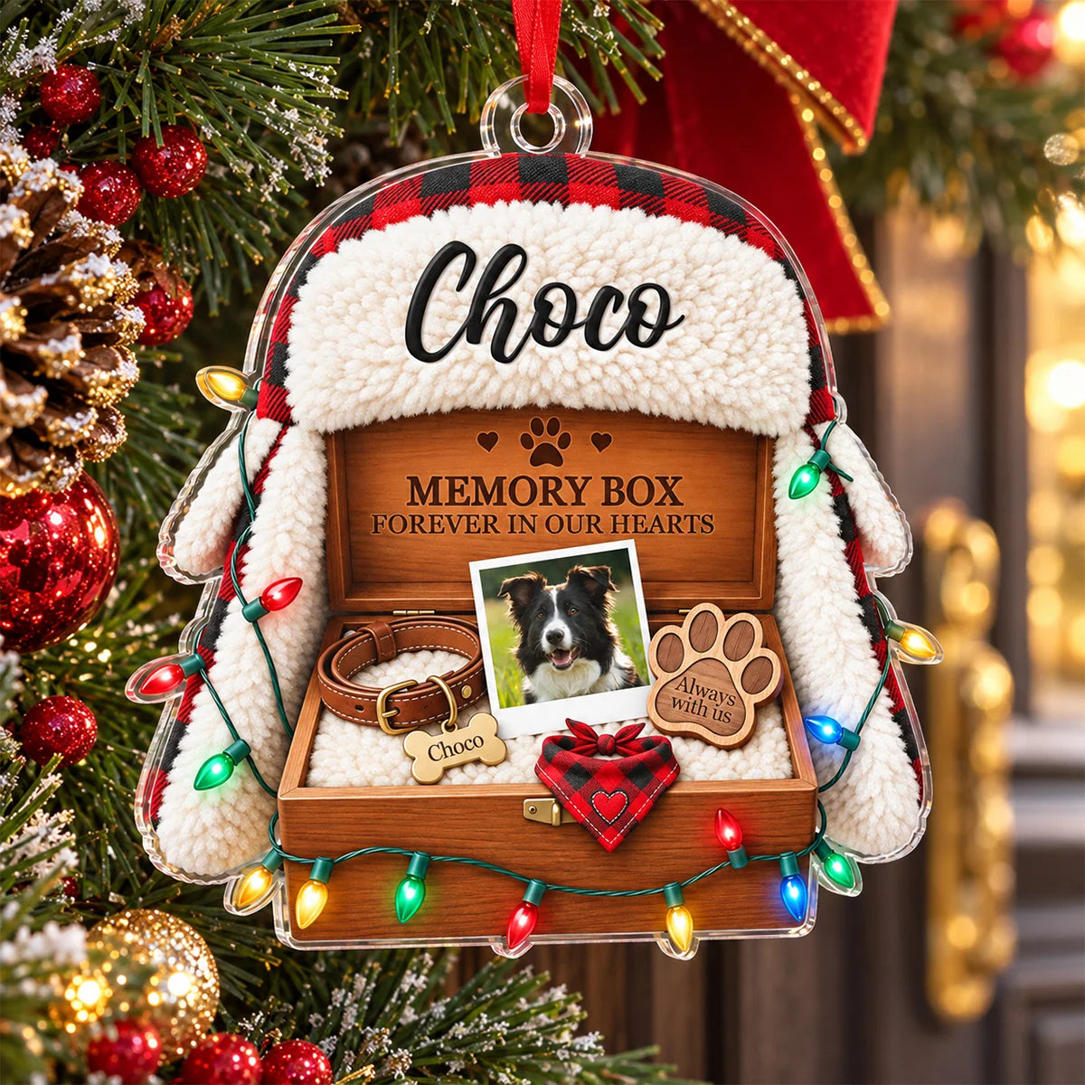 "Memory Box Forever in Our Hearts" Custom Photo Dog Pet Remembrance Acrylic Ornament - Christmas Gift for Pet Lovers