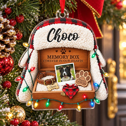"Memory Box Forever in Our Hearts" Custom Photo Dog Pet Remembrance Acrylic Ornament - Christmas Gift for Pet Lovers