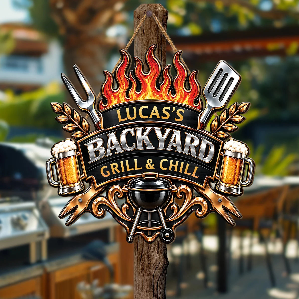 Backyard Bar and Grill Personalized Wood Sign - Custom BBQ Gifts for Him