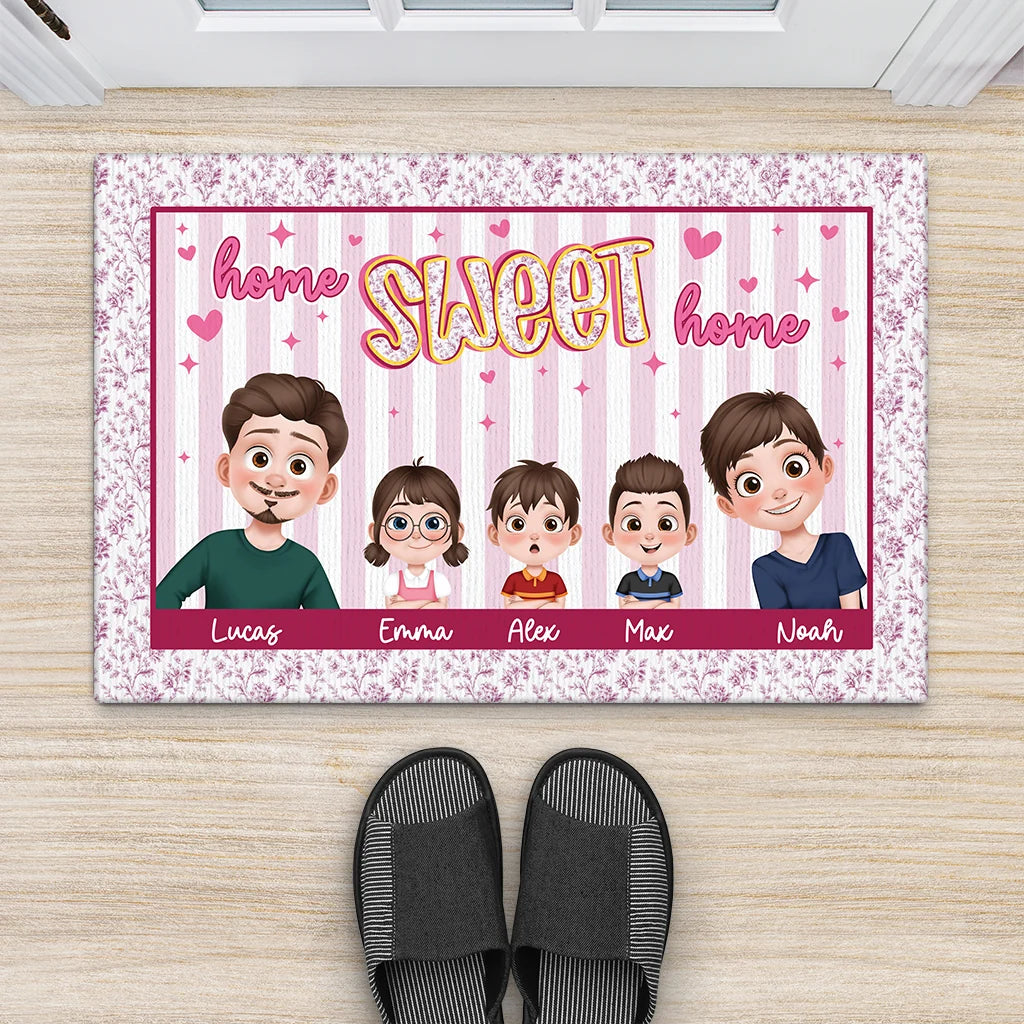 "Home Sweet Home" Personalized Family Chibi Doormat - Housewarming Gift for New Homeowners