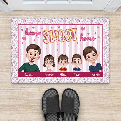 "Home Sweet Home" Personalized Family Chibi Doormat - Housewarming Gift for New Homeowners