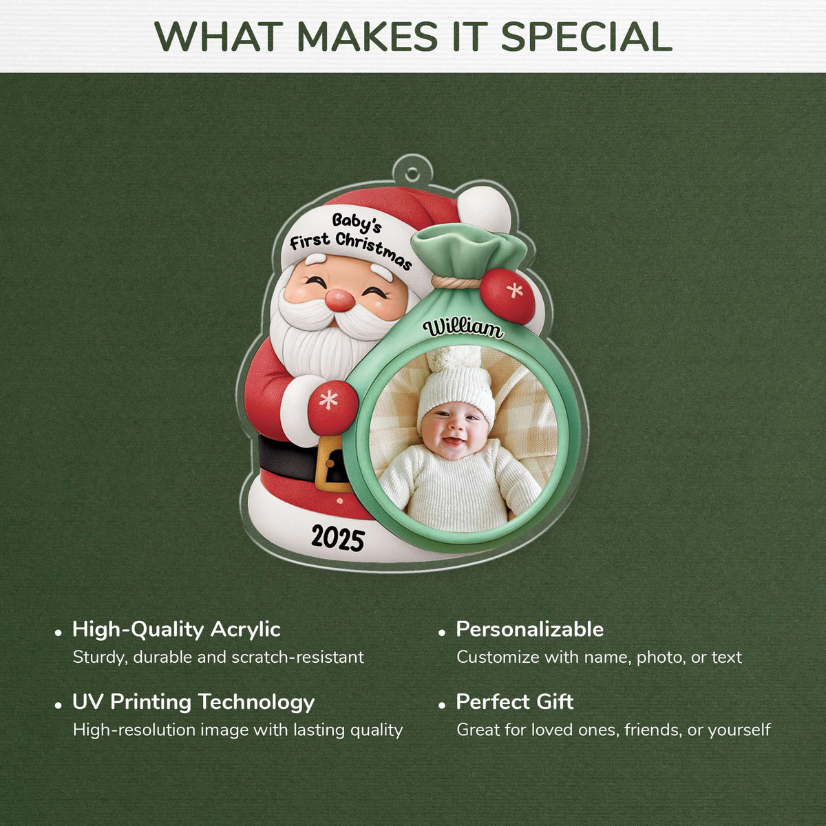 "Baby's First Christmas" Personalized Acrylic Ornament with Photo & Name - Custom Santa Keepsake Gift for Family