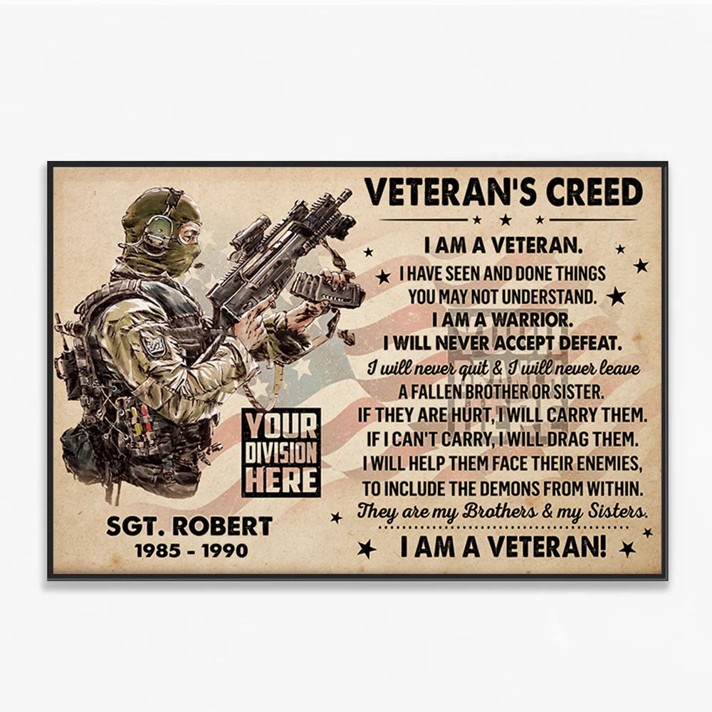 "I Am A Veteran" Personalized Veteran's Creed Canvas / Poster - Custom Veteran Gift for US Military