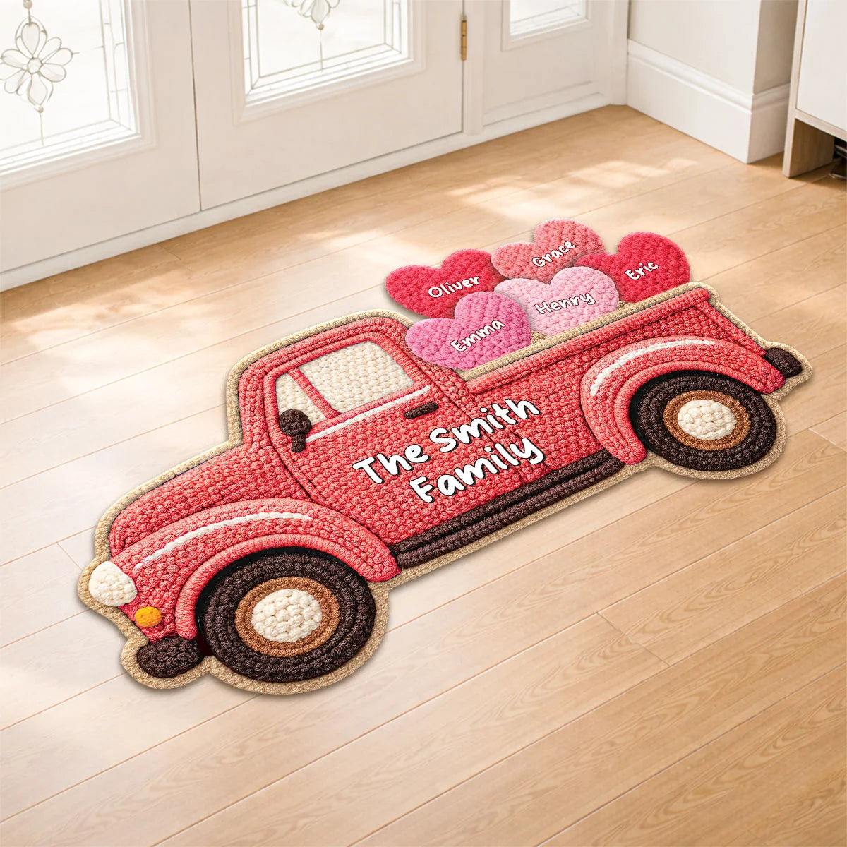 Personalized Vintage Truck Shaped Doormat with Family Names - Custom Entryway Welcome Mat