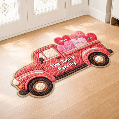Personalized Vintage Truck Shaped Doormat with Family Names - Custom Entryway Welcome Mat