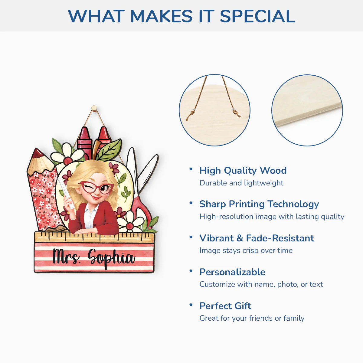 Wood Sign material and size view - Personalized Teacher Wood Sign