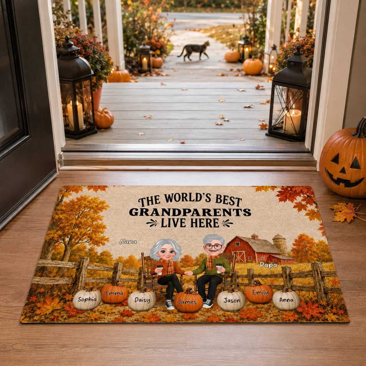 "The World's Best Grandparents Live Here" - Personalized Doormat for Grandma & Grandpa Fall Decor