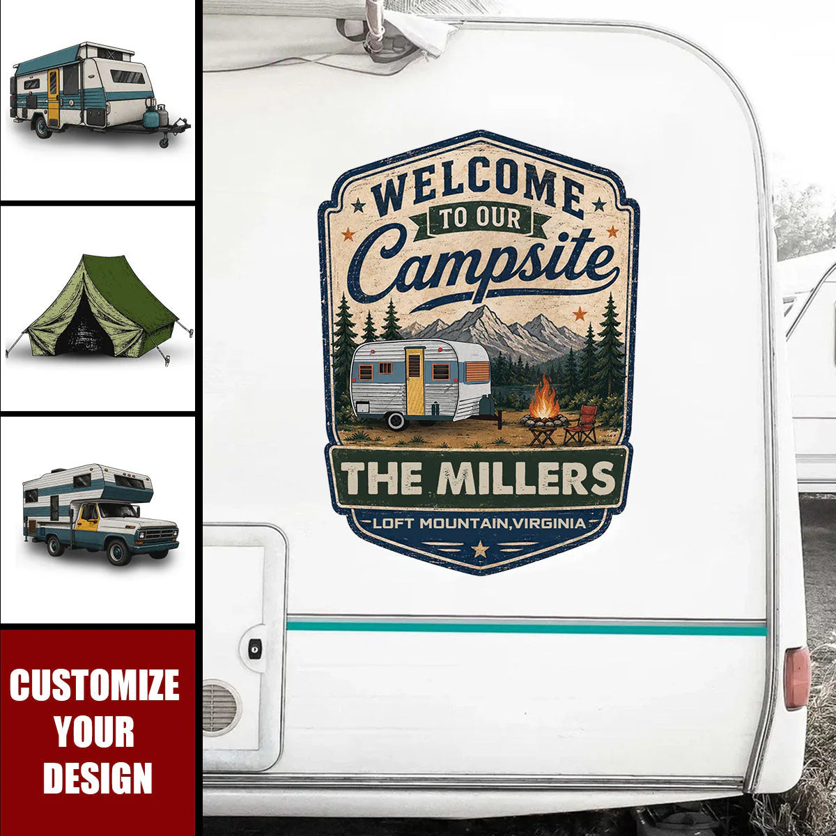 Custom camper sticker with Welcome To Our Campsite design, personalized family name and location on an RV trailer.