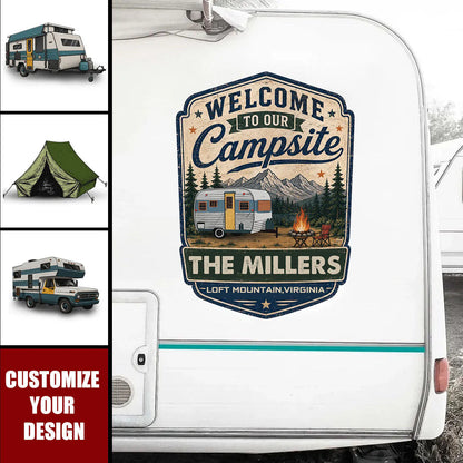 Custom camper sticker with Welcome To Our Campsite design, personalized family name and location on an RV trailer.