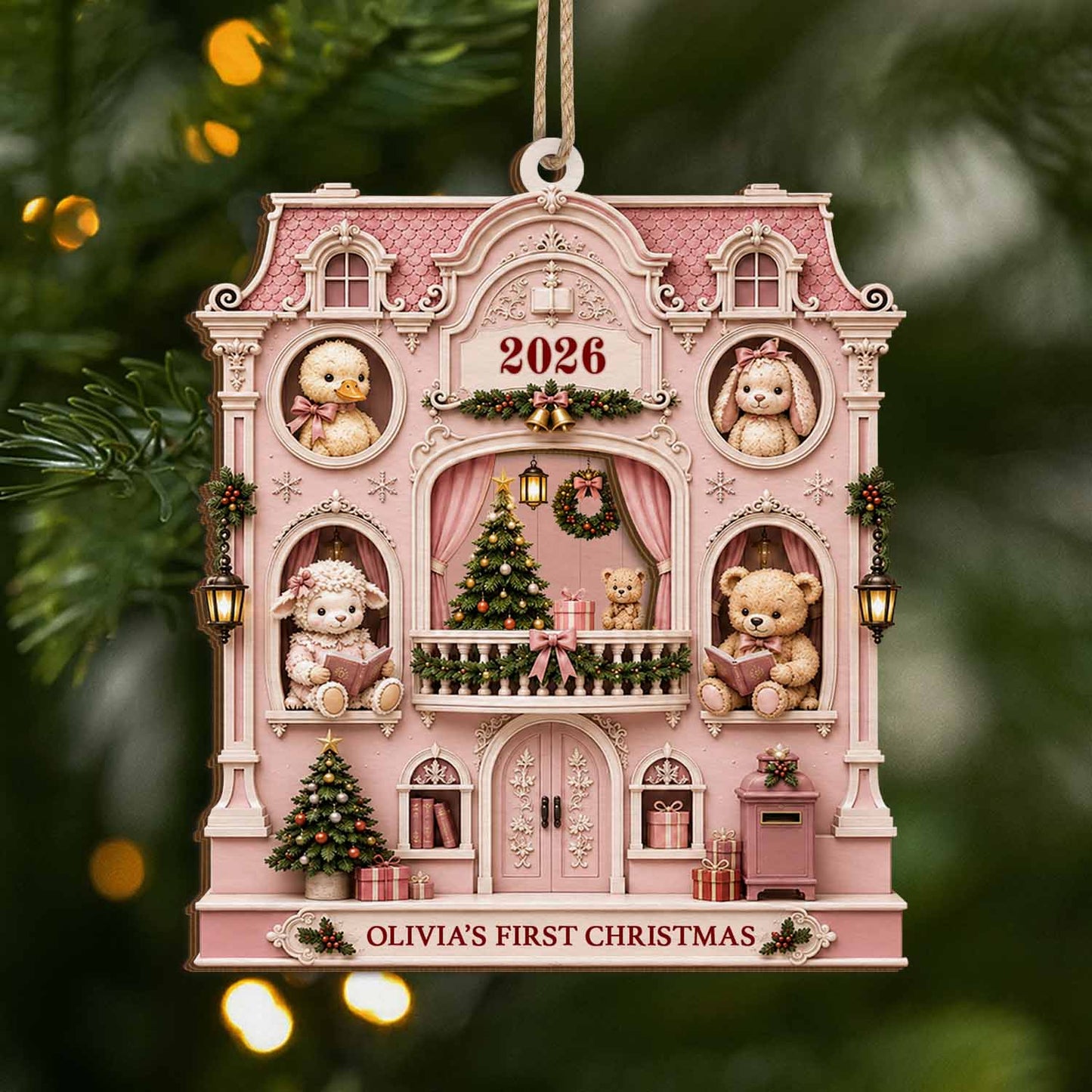 Baby's First Christmas Personalized Dollhouse Wood Ornament - Custom Gift for Daughter or Son