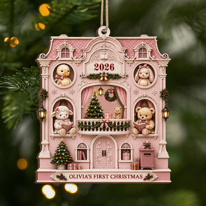 Baby's First Christmas Personalized Dollhouse Wood Ornament - Custom Gift for Daughter or Son